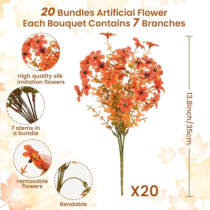 SHareconn 20 Bundles Artificial Fall Mums Flowers for Outdoors Decoration, Fake Silk Daisy Realistic Faux Plants UV Resistant for Planter Home Porch Patio Autumn Indoor Outside Decor,Autumn Orange