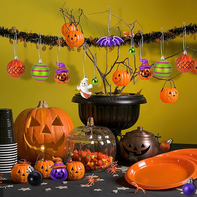 42PCS Halloween Ornaments Tree Decorations, Shatterproof Hanging Ball Set with Ghost Pumpkin Spider Bat Web Designs, Hanging Ball Ornaments for Small Halloween Tree, Holiday Party Indoor Home Decor