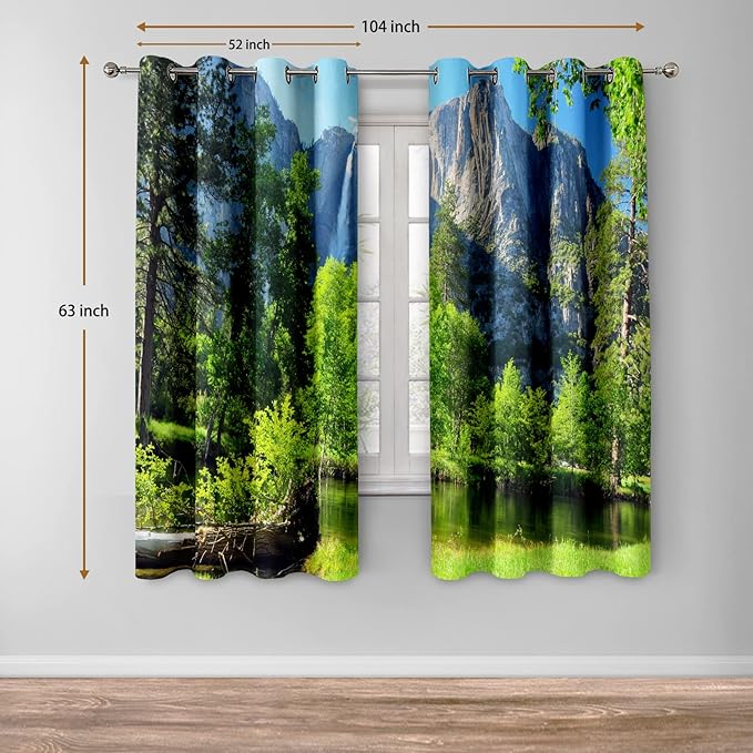 Jekeno Mountains Forest Blackout Curtains Jungle Green Trees River in Bright Sunshine Nature Scenery Decor Bedroom Living Room Darkening Grommet Window Drapes 2 Panel Set, 52"x63"