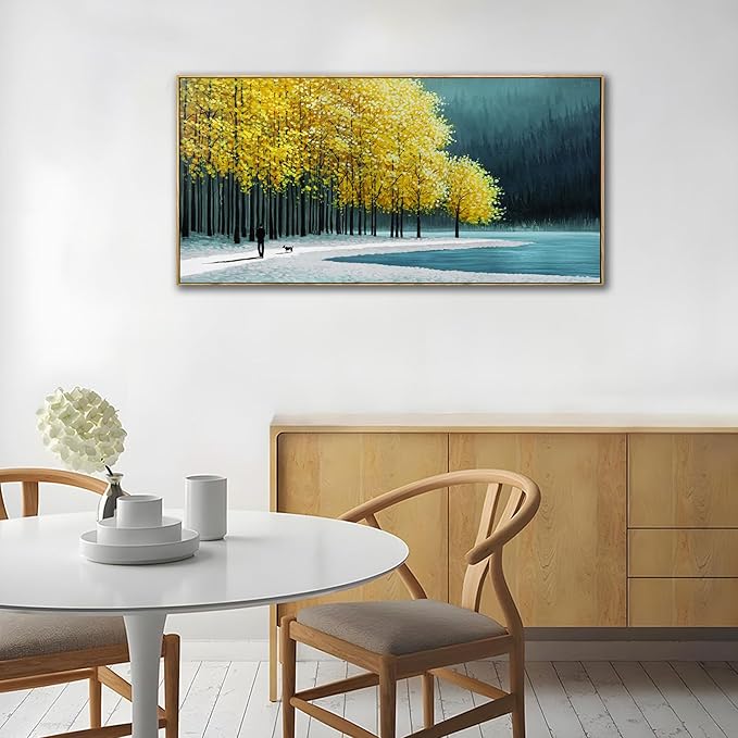 KLAKLA Large Wall Art - Yellow Bedroom Birch Tree Valley Snowy Forest Wild Lakes Landscape Canvas Pictures Wall Decoration for Living Room Office Home Decor - 40x20 Inches