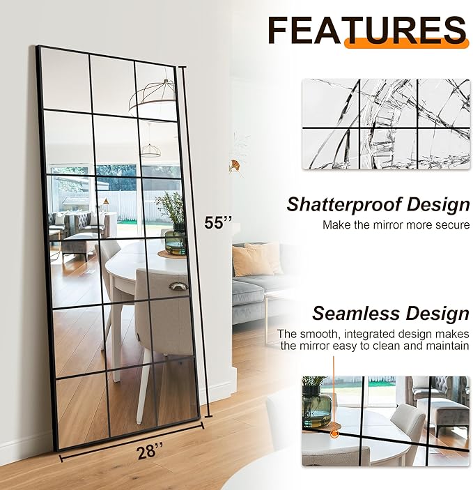 Delma Full Length Mirror, 28"x 55" Window Pane Decorative Mirror for Wall, Black Metal Framed Wall Decor, Wall Mounted, Hanging or Leaning for Bedroom, Living Room, Entryway