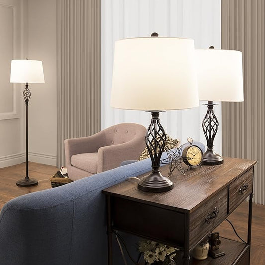 Lavish Home Table and Floor Lamps – Set of 3 Spiral Cage Design Lights for Living Room, Bedroom, or Entry with LED Bulbs Included (Bronze)