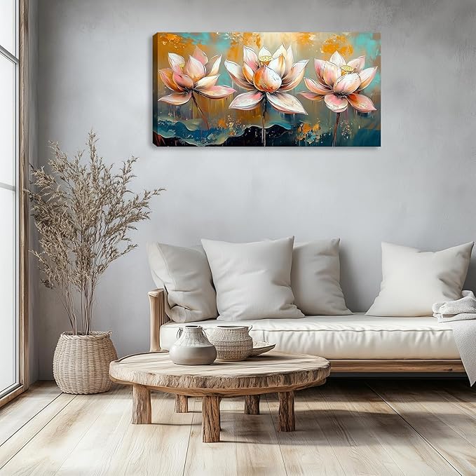 Large Zen Canvas Wall Art Pink Lotus Flower Picture Wall Decor Landscape Painting Artwork Framed for Bedroom Living Room Kitchen Room Office Home Decor 40L x 20W
