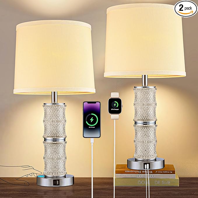 GRUENLICH Crystal Bedside Lamps Set of 2, Chrome Nightstand Bedroom Light with Touch Control, 3-Way Dimmable Table Lamps, USB C+A Charging Ports for Living Room and End Tables