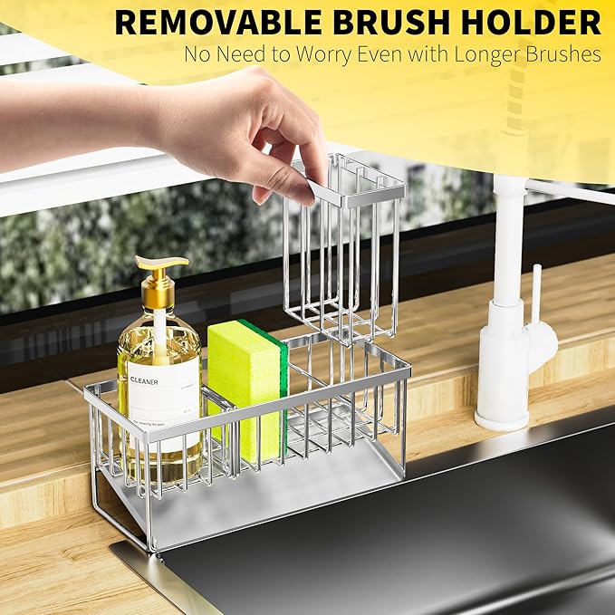 Cisily Sink Caddy Sponge Holder for Kitchen, 304 Stainless Steel Rustproof, Kitchen Sink Caddy with High Brush Holder, Dish Sponge Organizer with Divider(Silver)