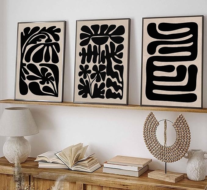 3 Pcs Boho Abstract Floral Canvas Wall Art Mid Century Modern Minimalist Black Neutral Flower Botanical Picture Wall Decor Poster Print Artwork for Living Room Bedroom Home Decoration Unframed