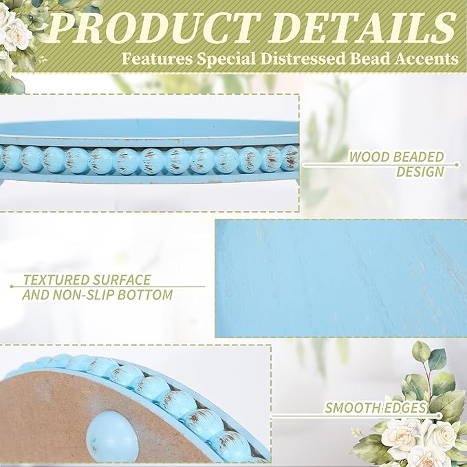 HPC Decor 12in Round Blue Wood Beaded Tray - Decorative Living Room, Coffee Table, Kitchen Table, Dining Room or Farmhouse Serving Tray