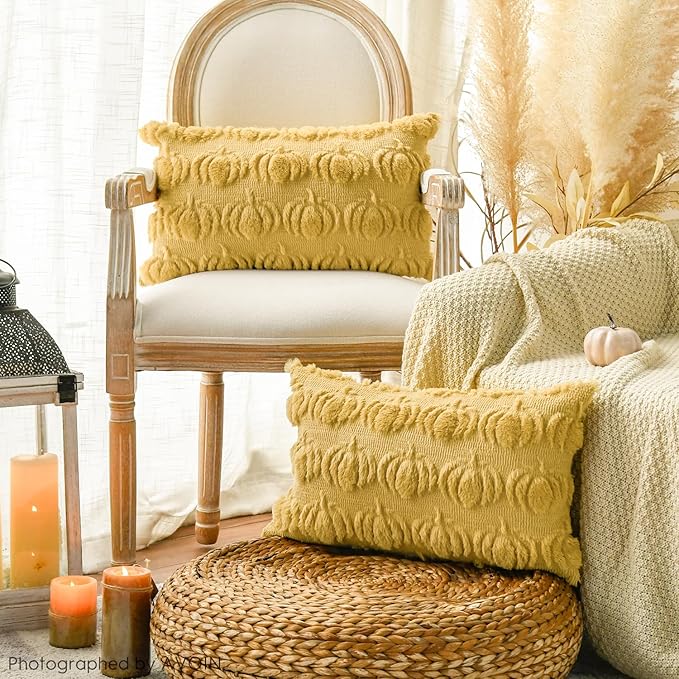 AVOIN colorlife Fall Pumpkin Ginger Throw Pillow Covers, 12 x 20 Inch Seasonal Autumn Thanksgiving Harvest Decoration Soft Plush Faux Fur Jacquard Cushion Case Decoration for Sofa Couch Set of 2