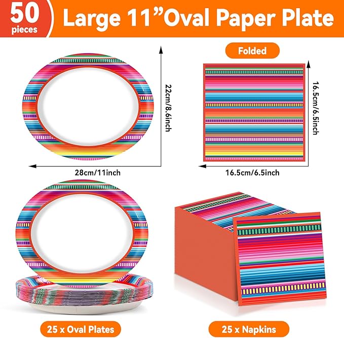 Mexican Fiesta Party Oval Paper Plates 11inch Plates and Napkins, Mexico Stripes Dish Tray for Dance Pinata Taco Party Colorful Ponchos Supplies Picnic Tableware Decor, 25 Guest