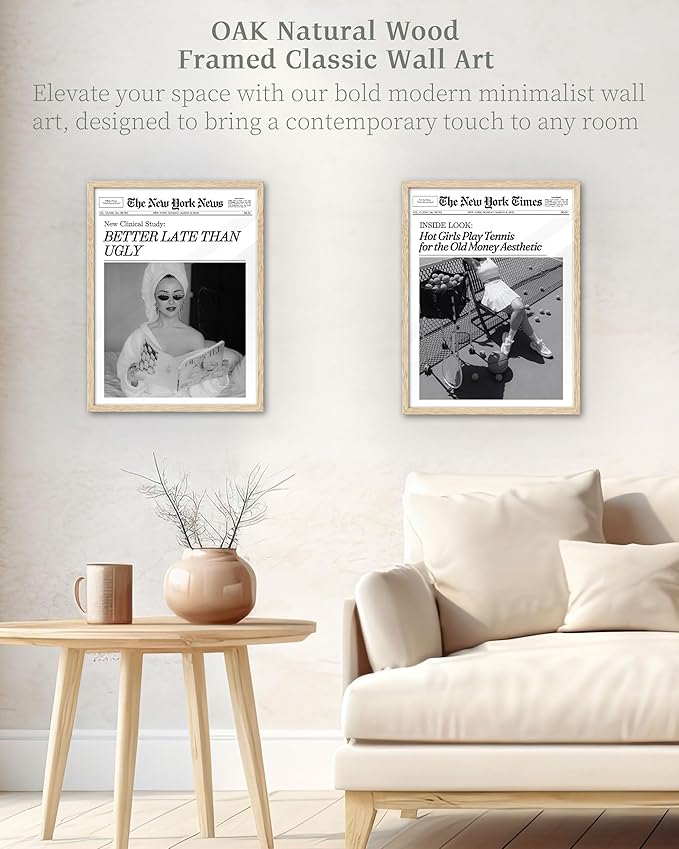 iHery Natural OAK Wood Trendy Retro Newspaper Headline Framed Wall Art, 12x16 in Better Late Than Ugly Poster Vintage Canvas Print, Beige Frame Logs Preppy Funky Bathroom Décor Living Room Set of 1