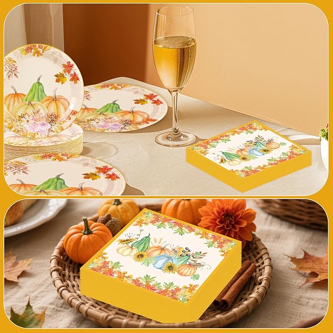 40pcs Fall Pumpkin Paper Plates and Napkins Sets, 9inch Thanksgiving Dinner Plates Party Supplies Disposable Autumn Theme Maple Leaf Sunflower Tableware Fall Thanksgiving Harvest Birthday Decorations