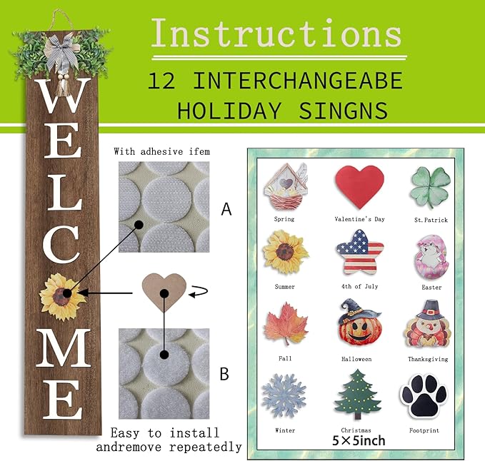 Interchangeable Outdoor Welcome Sign for Front Porch Standing 47"×8" Set of 3 Large Wood Frame with 12 Pcs Icons Vertical Tall Leaner Outside Welcome Sign for Front Door Decor(Wood)