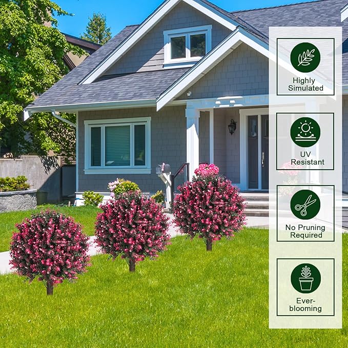 Artificial Rose Boxwood Topiary Ball Bush for Outdoor with Spike, Set of 2 UV Resistant Faux Boxwood Ball Tree with Stake Weatherproof Fake Round Topiary Shrub Plant for Front Porch