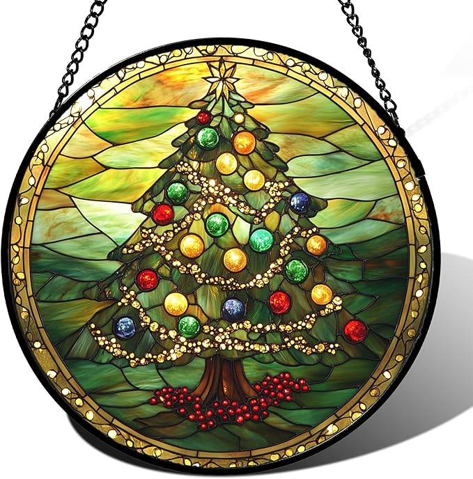 Stained Glass Window Hanging - Green Christmas Tree Gold Ribbon Suncatcher for Doors Home Christmas Decoration Sun Catcher Thanksgiving New Year Birthday Gifts for Women Men Mom Nana 11.8 in