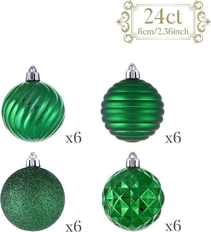 Valery Madelyn Christmas Ornaments Tree Decorations Set for Fall Halloween, 24ct Green Shatterproof Ball Ornaments, 2.36" Hanging Ornament Bulk for Xmas Holiday Party Decor