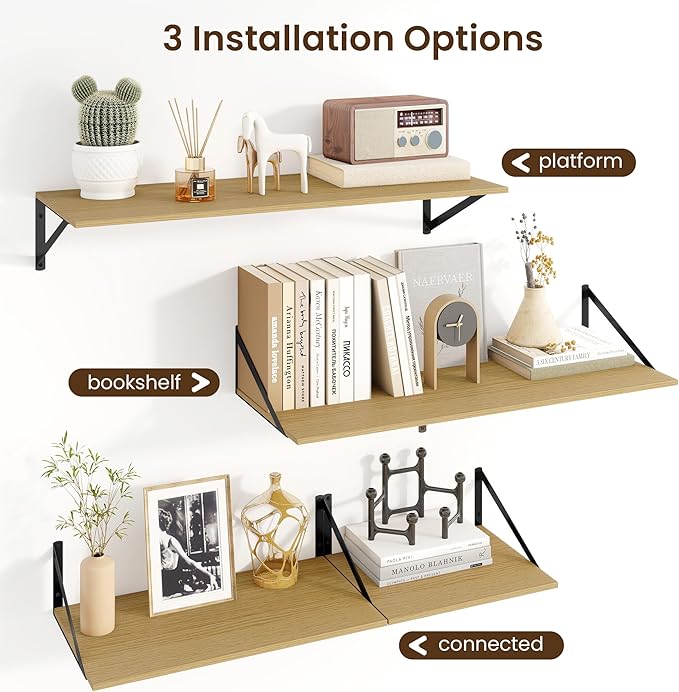 Fun Memories Floating Shelves for Wall, 12 Inch Deep Floating Shelves Set of 2, 55W x 12D Large Wall Shelf with Sturdy Metal Brackets for Living Room, Bathroom, Bedroom and Kitchen, Oak