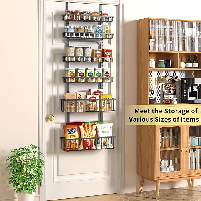 Moforoco 6-Tier Over The Door Pantry Organizer, Pantry Organization and Storage, Black Hanging Basket Wall Spice Rack Seasoning Shelves, Home & Kitchen Laundry Room Bathroom Essentials accessories