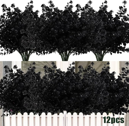 RECUTMS Black Artificial Flowers, 12 Pcs Fake Outdoor UV Resistant Plants Faux Plastic Greenery Shrubs Indoor Outside Hanging Planter Flower Decoration, Garden Decor (Black)