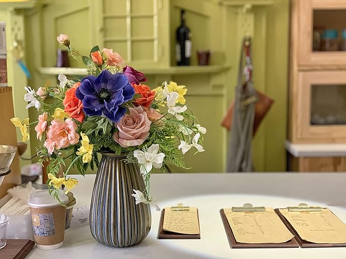 Artificial Faux Flowers in Vase, Silk Flower Arrangement Artificial Floral Centerpiece, Table Centerpieces for Dining Room Home Decor Valentine's Day Gift (Spring)