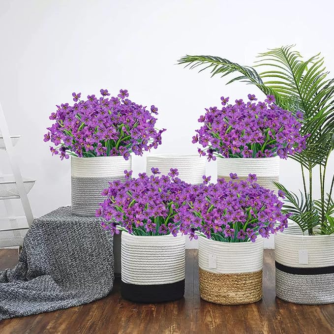 Lnoicy 12 Pcs Artificial Flowers for Outdoor,Plastic Flowers Decoration, UV Resistant Faux Flowers Shrubs, Artificial Plants for Indoor Outside Garden Home Wedding Farmhouse（Purple）