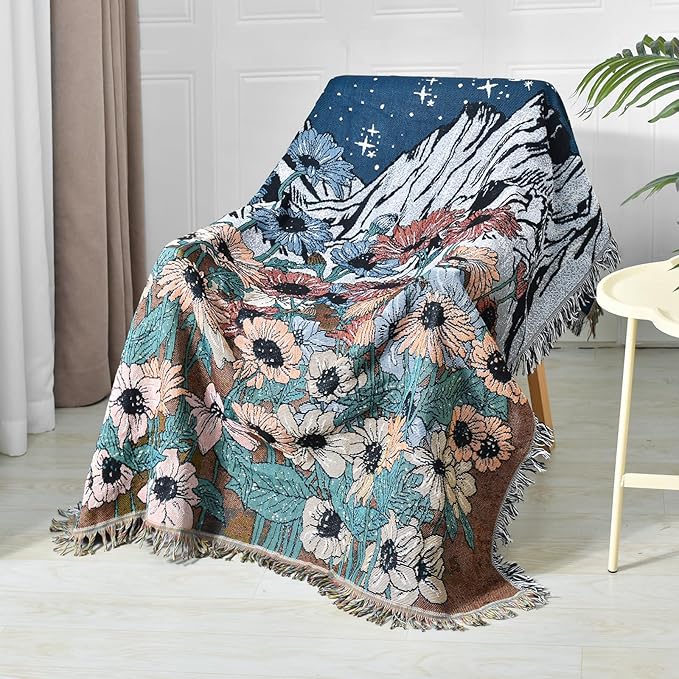 Boho Throw Blanket Reversible Cotton Bohemian Tapestry Hippie Room Decor Double Sided (Boho Flower Dark 50"x60")