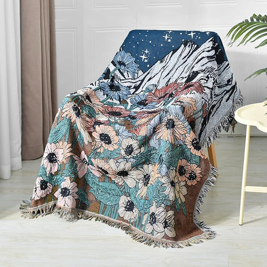 Boho Throw Blanket Reversible Cotton Bohemian Tapestry Hippie Room Decor Double Sided (Boho Flower Dark 50"x60")