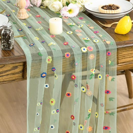 Artoid Mode Sage Green Embroidery Daisy Gauze Table Runner 120 Inch 10FT, Seasonal Sheer Dining Holiday Wedding Birthday Table Decor for Home Party