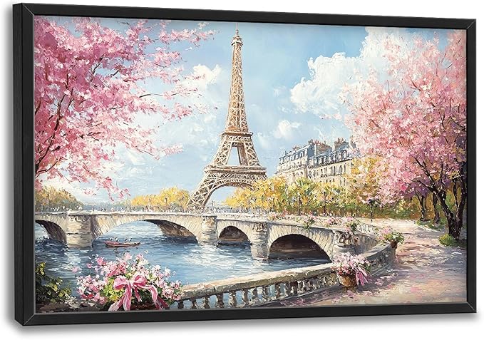Eiffel Tower Framed Wall Art for Living Room, Large Paris Tower Canvas Wall Decor, Pink Cityscape Pictures Painting, Natural Landscape Modern Artwork for Bathroom Bedroom 36L'' × 24W''