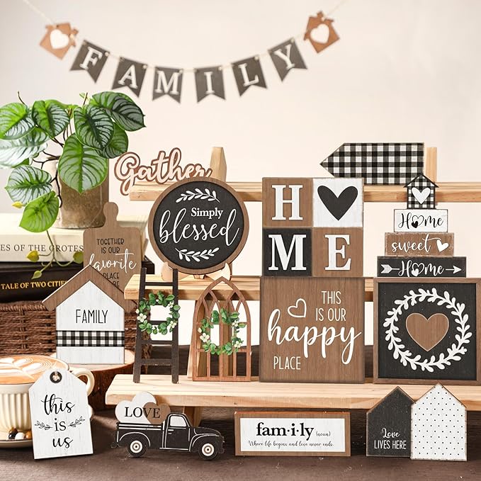 Yaomiao 21 Pcs Farmhouse Tiered Tray Decor Set Rustic Farmhouse Wood Decor Sign Vintage Rustic Family Gather Blessed Tiered Tray This is Our Happy Place Sign for Home Kitchen Table Shelf (Classic)