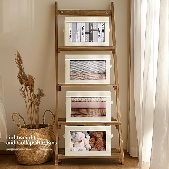 Storage Cubes with Lids - 5 Pack Foldable Clear Window Storage Bins, Large Decorative Storage Bins with Handles, Storage Containers for Clothes, Towel, Blanket, Sheet, Beige
