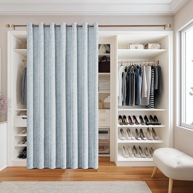 Beauoop Blue Floral Jacquard Blackout Curtains 84 Inches Long for Patio Sliding Door Extra Wide Chenille Flower Divider Room Darkening Thermal Soundproof Grommet Window Drapes, 100x84 Set of 1