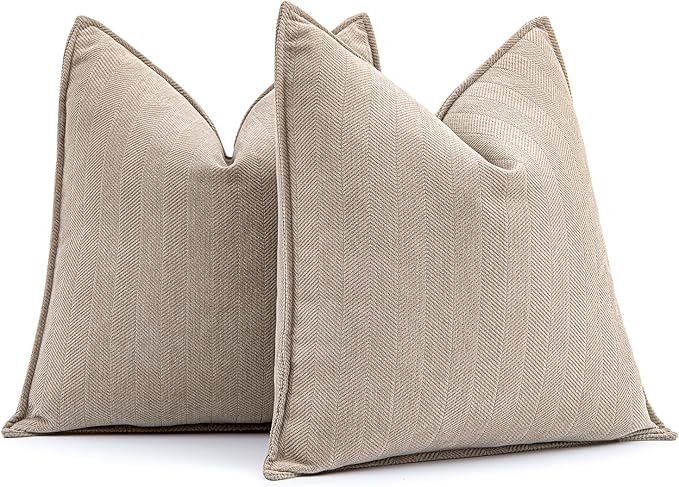 MIULEE Pack of 2 Beige Decorative Pillow Covers 20x20 Inch Soft Chenille Luxurious Couch Throw Pillows Farmhouse Cushion Covers with Elegant Design for Sofa Bedroom Living Room Home Decor