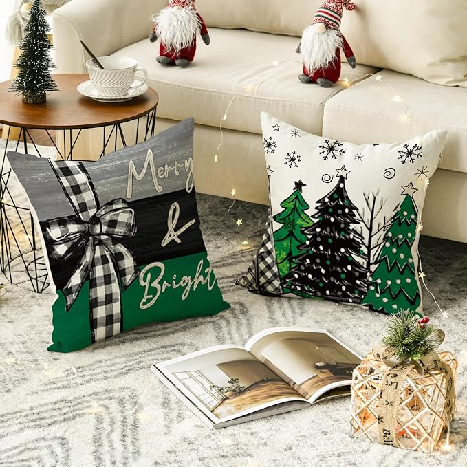 AVOIN colorlife Merry Christmas Joy Xmas Trees Green Throw Pillow Covers, 18 x 18 Inch Christmas Winter Holiday Cushion Case Decoration for Sofa Couch Set of 4