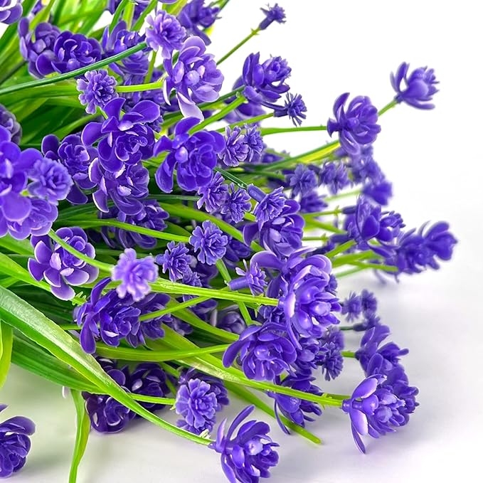 12 Bundles Artificial Flowers for Outdoors Summer Decor, Realistic UV Resistant Fake Plants Faux Plastic Flowers for Outside Planter Home Gardens Patio Porch Yards Spring Cemetery Decor(Purple)