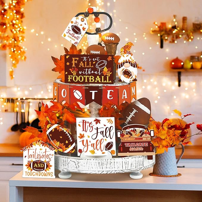 Sumind 15 Pcs Fall Tiered Tray Decor Set Fall Decorations for Home Autumn Wood Signs Thanksgiving Orange Brown Table Signs Farmhouse Wooden Maple Pumpkin Gnomes Tabletop for Festival(Football)