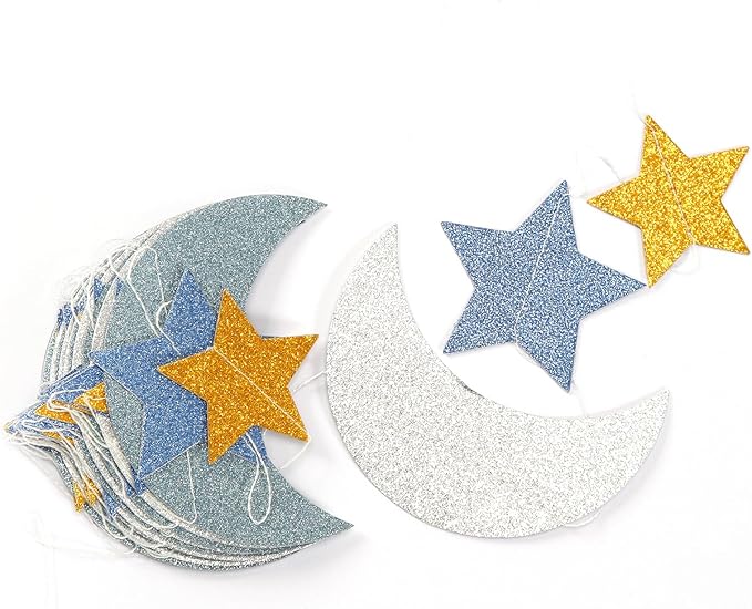 Blue-Gold Silver Party-Decorations Moon-Star Garland - 62Ft Twinkle Little Star Hanging Streamers Banner,Eid Ramadan Mubarak Decoration Birthday Wedding Baby Shower Decor Panduola