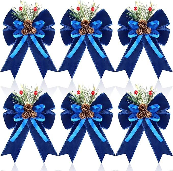 Syhood 6 Pcs Christmas Bows with Pine Cones Pine Needles Xmas Blue Velvet Bows Blue Velvet Ribbon Christmas Tree Wreath Decoration for Xmas Parties Indoor Outdoor Crafts DIY Decor