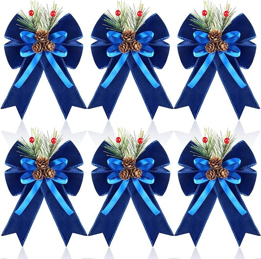 Syhood 6 Pcs Christmas Bows with Pine Cones Pine Needles Xmas Blue Velvet Bows Blue Velvet Ribbon Christmas Tree Wreath Decoration for Xmas Parties Indoor Outdoor Crafts DIY Decor