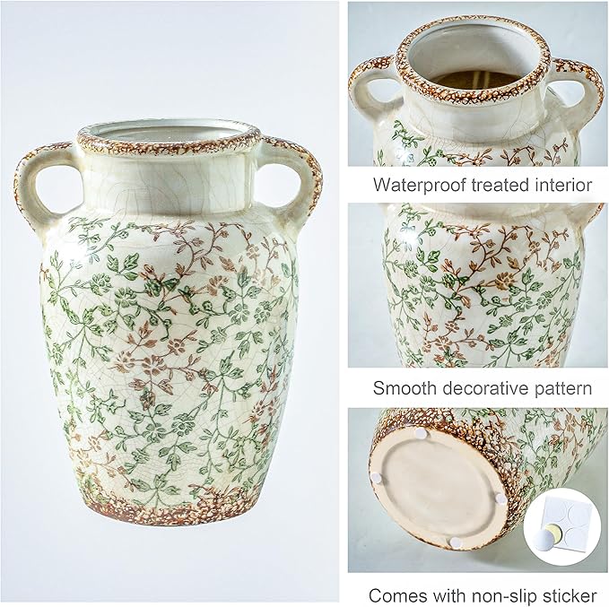 Enra Farmhouse Vintage vase with Handle,9.4 in Ceramic Chinoiserie Floral Vase,Green and Beige Decorative Flower vase,Large Rustic Vases for Home Decors, Living Room, Bookshelf, Office