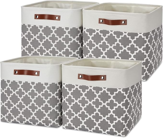 Temary 13×13×13 Foldable Storage Cube Baskets Fabric Cube Storage Basket for Organizing Cloth Storage Bins with Leather Handles for Gifts Empty, Closet (Grey Lattice)