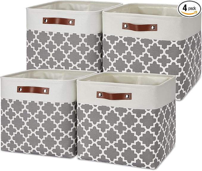 Temary 13×13×13 Foldable Storage Cube Baskets Fabric Cube Storage Basket for Organizing Cloth Storage Bins with Leather Handles for Gifts Empty, Closet (Grey Lattice)