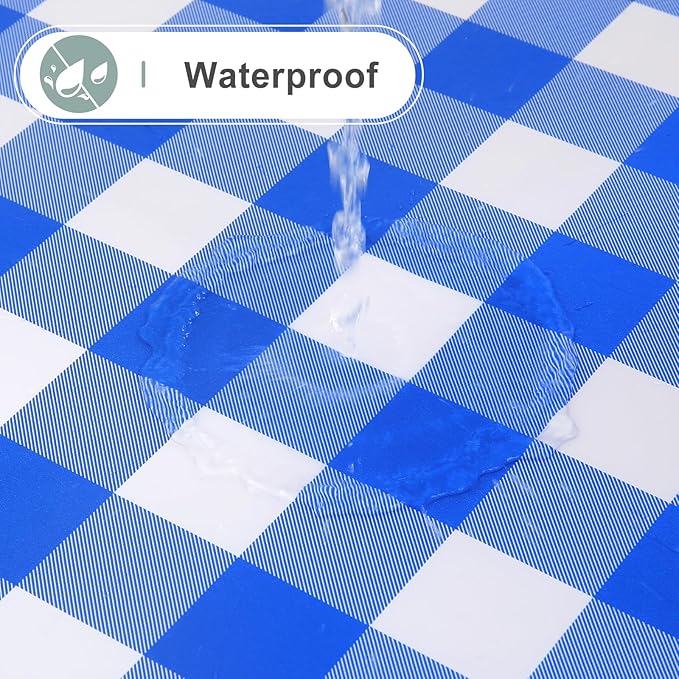 misaya Round Waterproof Vinyl Table Cloth, Buffalo Flannel Backed Tablecloth, Wipeable Plastic Table Cover for Dinner, Kitchen, Picnic (60", White and Blue)
