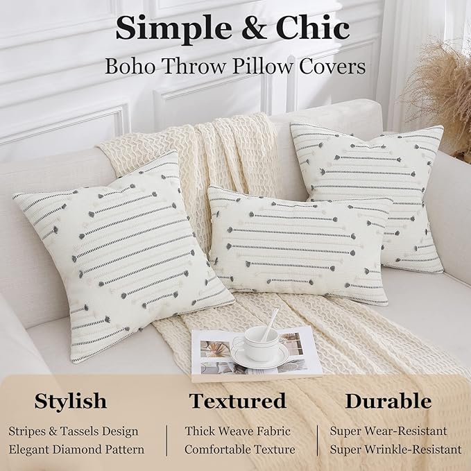 Mecatny Boho Outdoor Throw Pillow Covers 12X20 Set of 2, Farmhouse Lumbar Pillow Covers for Couch Sofa Living Room, Beige & Grey