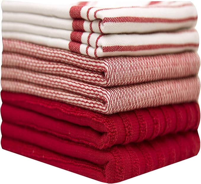 Premium Kitchen Towels (20”x 28”, 6 Pack) – Large Cotton Kitchen Hand Towels – Striped Flat & Terry Towel – Highly Absorbent Tea Towels Set with Hanging Loop – Red