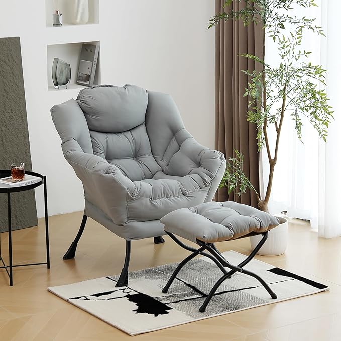 Lazy Chair with Ottoman, Modern Chair with Folding Footrest, Lounge Accent Chair, Comfortable Reading Chair (Light Grey)