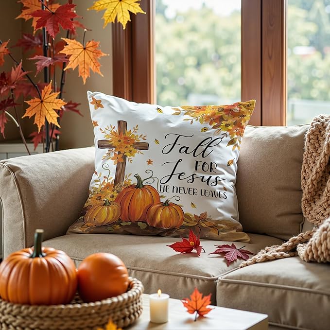 Christian Fall Pillow Covers 18x18, Farmhouse Autumn Decor, Fall for Jesus He Never Leaves Autumn Maple Leaf Pumpkin Decorative Throw Pillow Covers for Home Bedroom Living Room