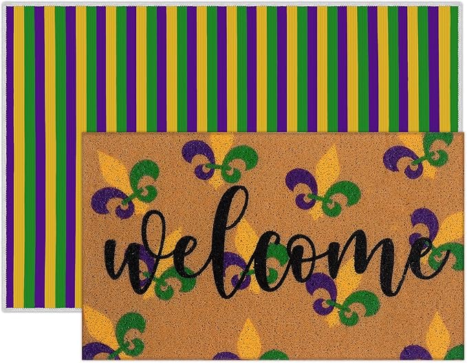 2 Pcs Door Mat Welcome Non Slip Coir Mats Floor Layering Doormats Seasonal for Front Porch Entryway Decor(Mardi Gras)