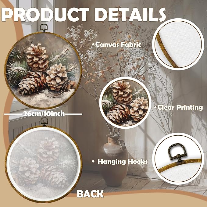 CUANFDDSF Vintage Christmas Winter Pinecones Round Wall Art Decor, Rustic Nature Pine Cone Wall Hanging Frame Decor, Farmhouse Christmas Winter Canvas Prints Decorations for Home Bedroom, 10x10 Inch