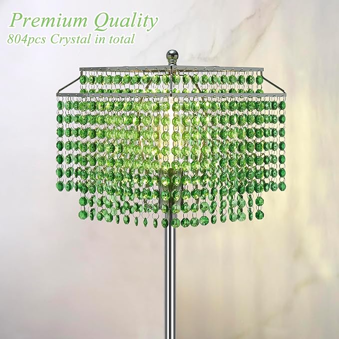 Crystal Floor Lamp, 64" Tall Elegant Standing Lamp with On-Off Foot Switch, Silver Lamp with Green Double-Layer Crystal Lampshade , Standing Lamps for Bedroom, Living Room, Office, 8W Bulb Included