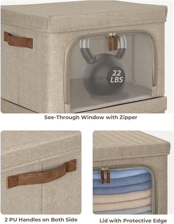 StorageWorks Storage Bins with Lids, Decorative Boxes with Clear Window for Clothes, Fabric Collapsible Baskets for Closet Organization, Medium, Brown, 3 Packs